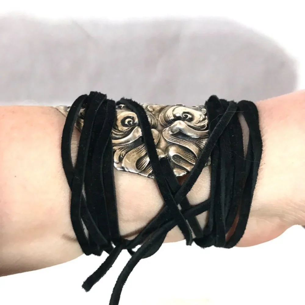 Antique Sterling Silver 925 Cuff Tie Wrap Bracelet Victorian Cherub Putti Biker - Picture 2 of 13